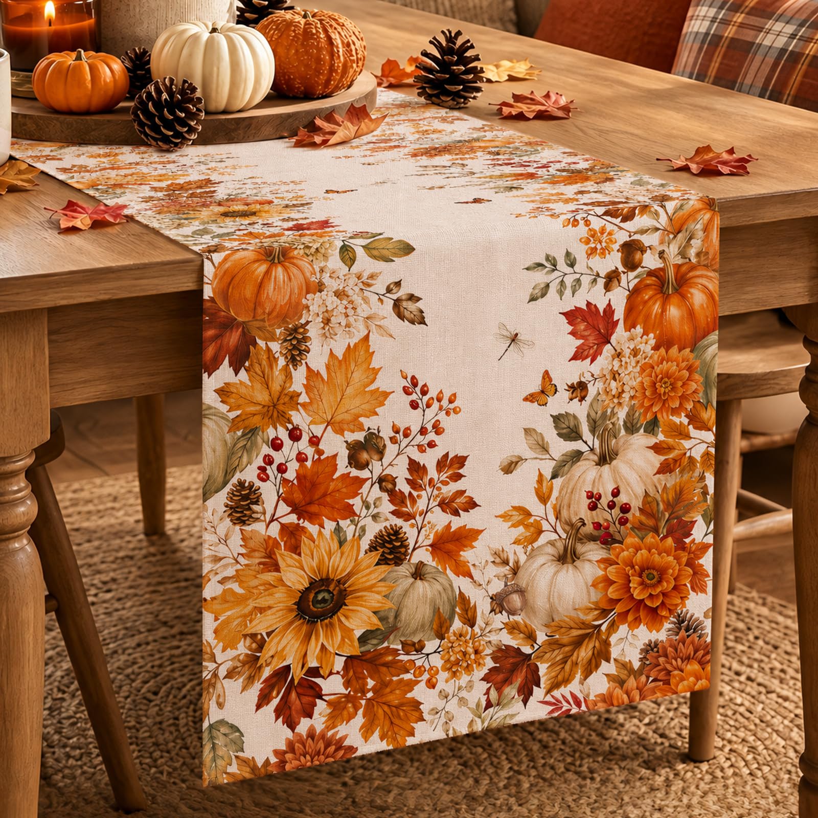 Autumn Sunflower Pumpkin Maple - Linen Table Runner ulasan dan harga