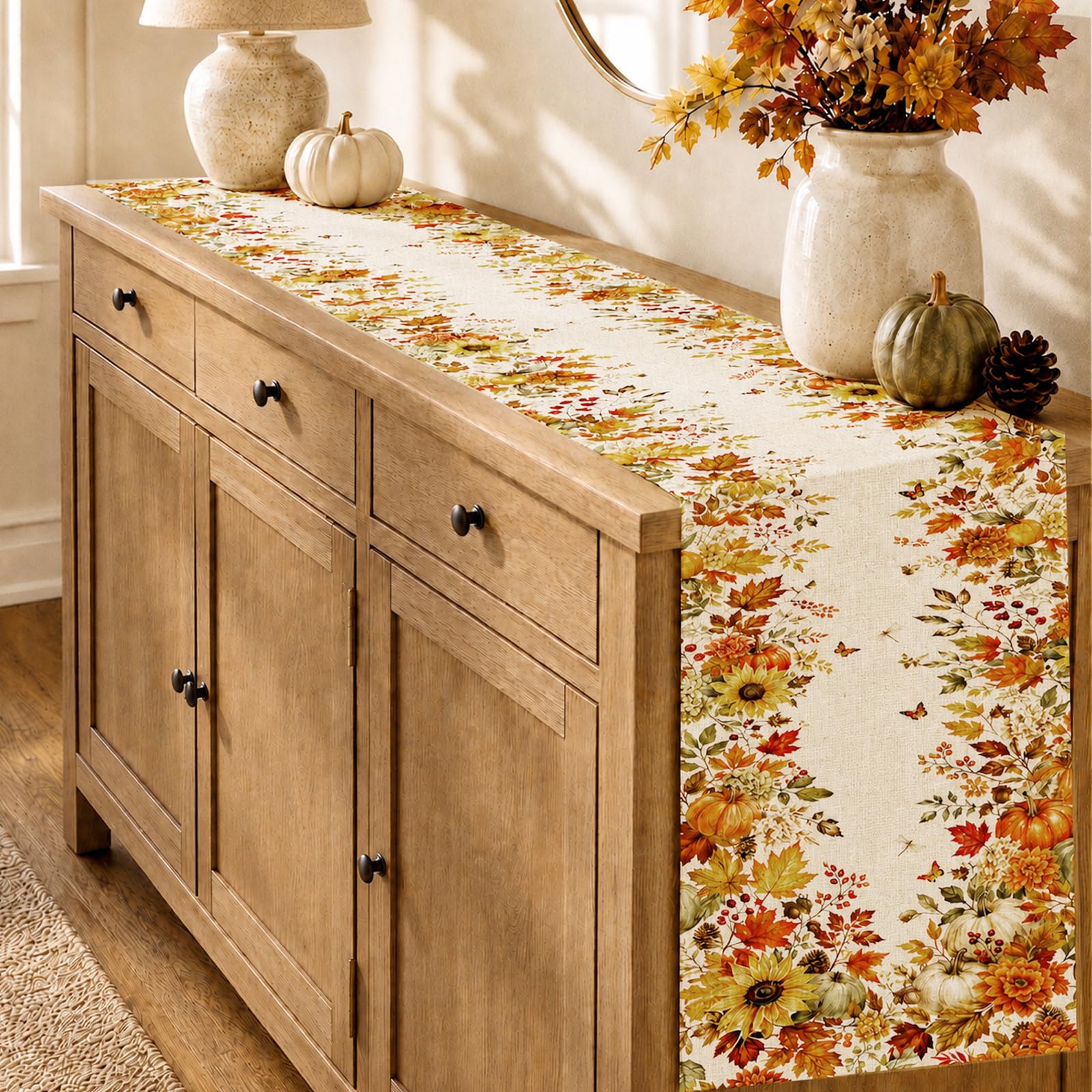 Autumn Sunflower Pumpkin Maple - Linen Table Runner ulasan dan harga