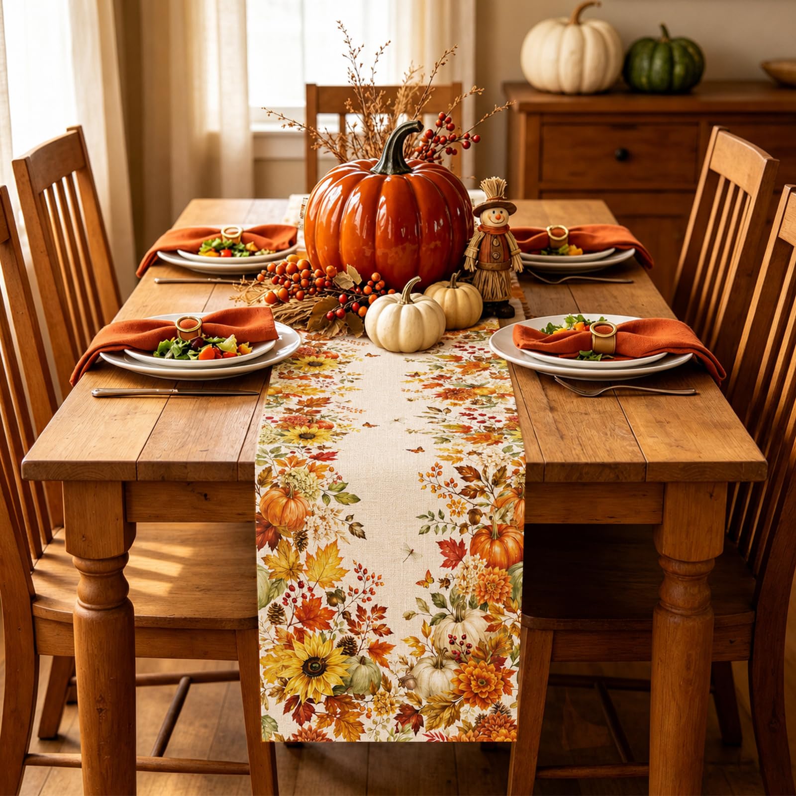 Autumn Sunflower Pumpkin Maple - Linen Table Runner ulasan dan harga