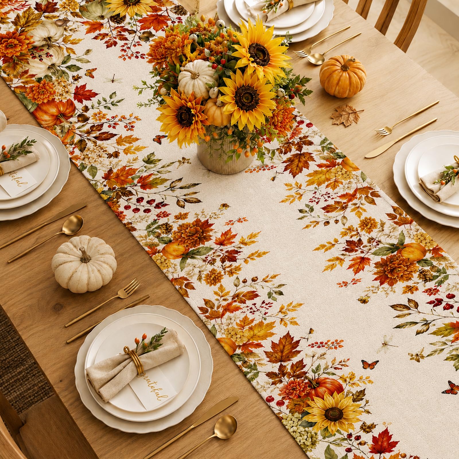 Autumn Sunflower Pumpkin Maple - Linen Table Runner ulasan dan harga